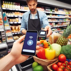 Contactless payment process for purchases using a smartphone in a grocery supermarket