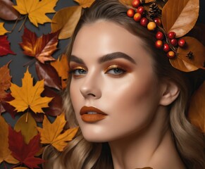 Obraz na płótnie Canvas a stunning, high-end make-up photoshoot captures a beautiful girl in autumn colors