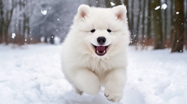Happy Samoyed Dog Playfully Running in Snowy Woods