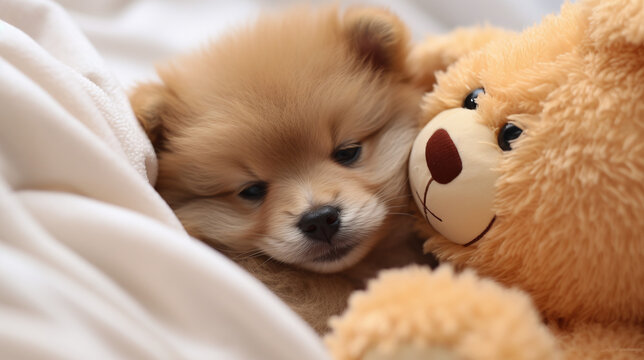 A Cozy Scene of Pomeranian Puppies Cuddling with Teddy Bears
