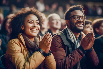 Black woman and man applauding at concert happy with pleasure