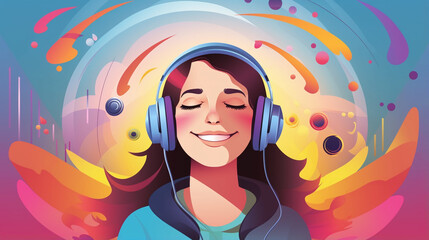 A Woman Listening to Music with Headphones Colorful Illustration