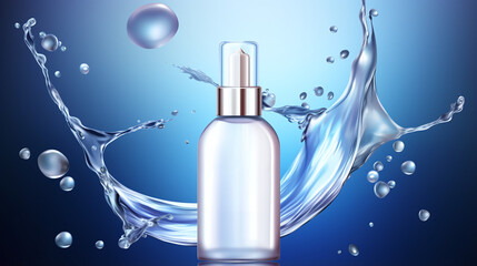 Bottle of liquid mockup with a splash of water on a blue background 