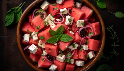 Fresh organic salad with ripe tomato, mozzarella, and mint leaf generated by AI