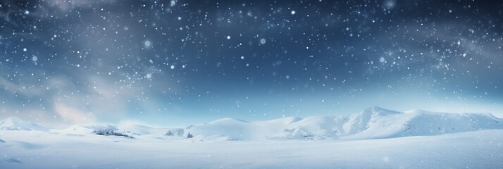 Winter snow background with snowdrifts, with beautiful light and snow flakes on the blue sky