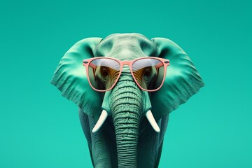 Creative animal concept. elephant in sunglass shade glasses isolated on solid pastel background, commercial, editorial advertisement, surreal surrealism