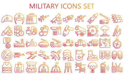 Military gradient outline icons set, use for modern concept, contain badge, weapon, shield, helmet and more. best for UI or UX game kit, web and app development. vector EPS 10.