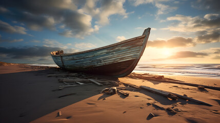 Image of an old boat abandoned on the beach. Storm clouds in the background.  - Powered by Adobe