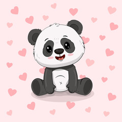 Cute cartoon panda isolated on background with hearts. Postcard for Valentine's Day. 