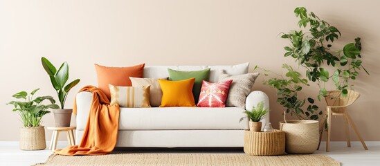 Light and cozy living room with a modern beige sofa and orange pillows adorned with various green...