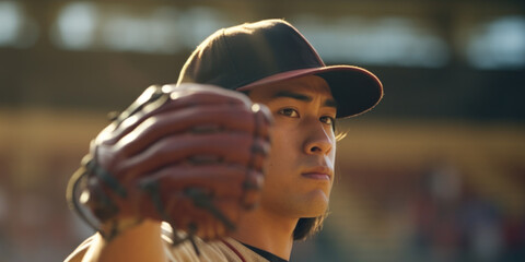 Close-up of an Asian pitcher's windup just before delivering a fastball.