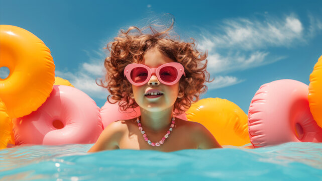 cute little girl swimming in pool with inflatable rings and sunglasses