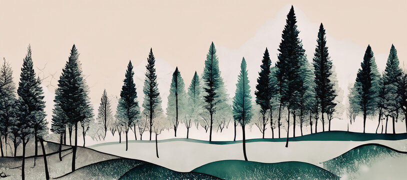 illustrazione di paesaggio autunnale, invernale con bosco, foresta, inchiostri colorati su carta