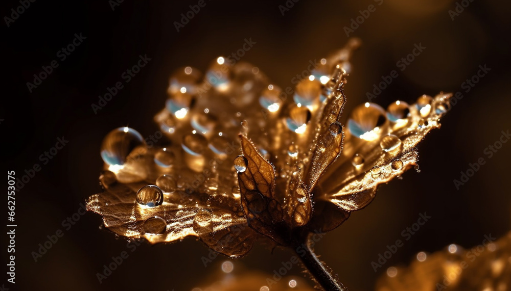 Poster autumn fragility illuminated by dew drops on a leaf generated by ai