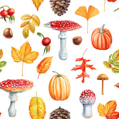 Autumn Watercolor floral seamless pattern, Forest hand drawn watercolor illustration, pumpkin and leaves