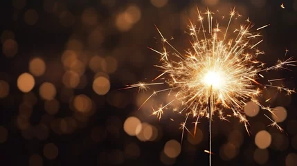 Foto op Aluminium Burning sparkler close up on black background for Happy New Year and Christmas celebration © Kiss