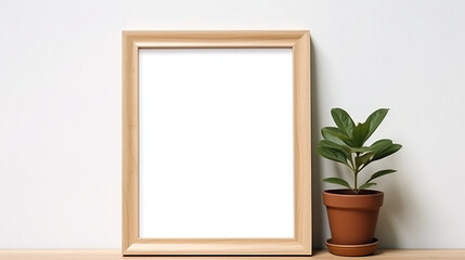 Fototapeta na wymiar Empty Picture Frame Mockup with Potted Plant