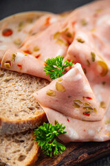 sausage mortadella piece marinated vegetable boiled olive, pickled cucumber, pepper, gherkin eating appetizer meal food snack on the table copy space food background rustic top view