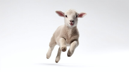 Fototapeta premium Adorable Baby Sheep Jumping in the Air on White Background