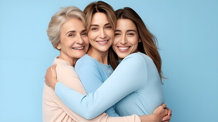 Three generation of woman hugging each other on a blue background - obrazy, fototapety, plakaty