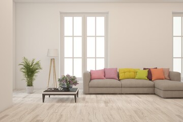 White scandinavian interior design with sofa. 3D illustration