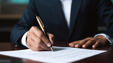 Businessman in Suit Signing Contract with Pen