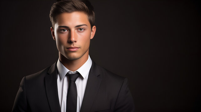 Man with beautiful face in a suit and tie posing on black background