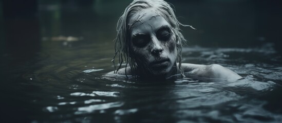 Horrible female ghost in the outdoor water With copyspace for text