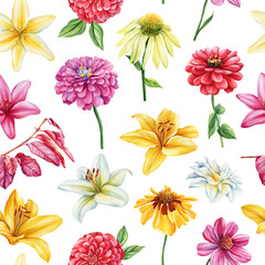 Watercolor floral seamless pattern. Zinnia, lily, echinacea flowers and leaves botanical hand drawn illustration