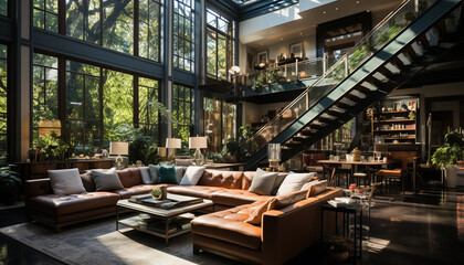 Modern indoors, architecture, domestic room, sofa, luxury, table, window, chair, lifestyles generated by AI