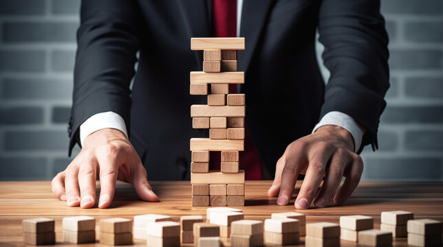 Businessman stacking wooden blocks to conquer an imbalanced Jenga tower