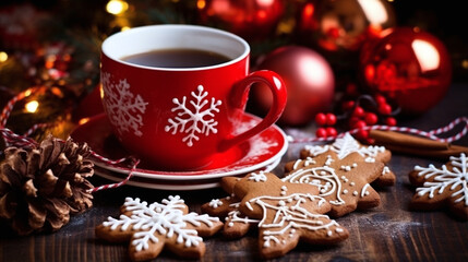 Obraz na płótnie Canvas Christmas decorations, coffee and gingerbread cookies 
