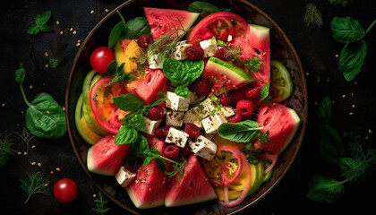 Obraz na płótnie Canvas Healthy gourmet salad with fresh vegetables, ripe avocado, and mozzarella generated by AI