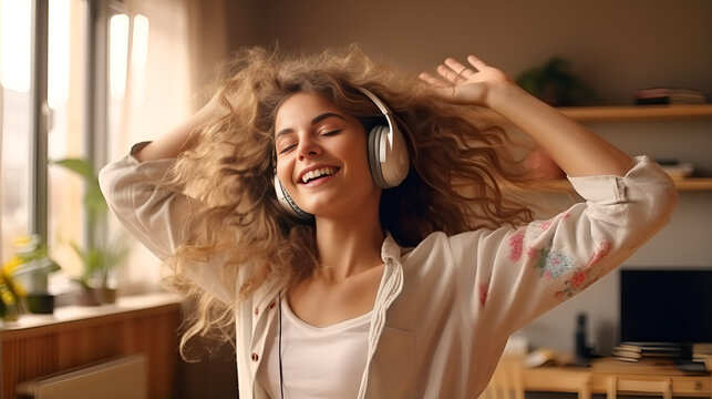 Woman blissfully immerses in music with headphones, enjoying a stress-free retreat in the living room