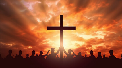 Group of Christian People Worshiping in Front of a Cross on Spiritual Sky Background