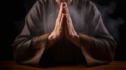 A Man in a Robe Praying to Confucius - obrazy, fototapety, plakaty