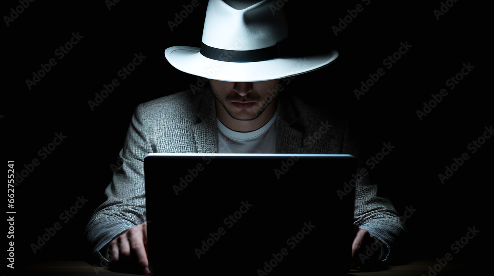 Poster a hacker wearing a white hat symbolizing ethical security hacker