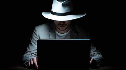 A hacker wearing a white hat symbolizing ethical security hacker - obrazy, fototapety, plakaty