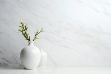 white ceramic vase table against white marble background with copy space