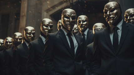 Group of mysterious men in suits and golden masks