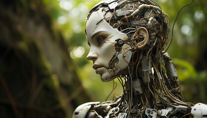 Futuristic robot woman in nature, a cyborg imaginative fantasy generated by AI
