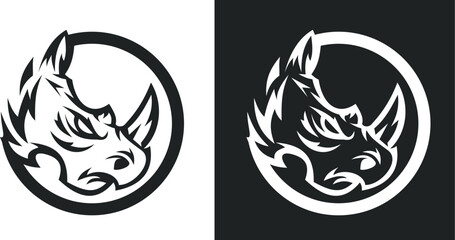 Rhinoceros logo, label or badge in modern art style. Abstract silhouette mascot character for branding sport or business. Design monochrome template angry animal head. Set vector print illustration.