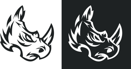 Rhinoceros logo, label or badge in modern art style. Abstract silhouette mascot character for branding sport or business. Design monochrome template angry animal head. Set vector print illustration.