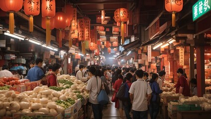 photo of traditional asian market scene made by AI generative - obrazy, fototapety, plakaty