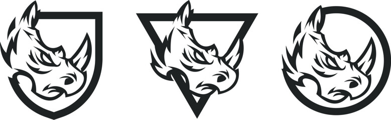 Rhinoceros logo, label or badge in modern art style. Abstract silhouette mascot character for branding sport or business. Design monochrome template angry animal head. Set vector print illustration.