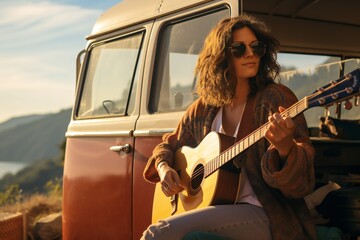 Young woman digital nomad engaging in remote work outside her vintage camper van, epitomizing the mobile, van life lifestyle