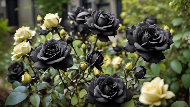 photos of beautiful black and white rose bunches in the garden made by AI generative