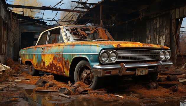 An abandoned rusty vintage car in a messy junkyard generated by AI