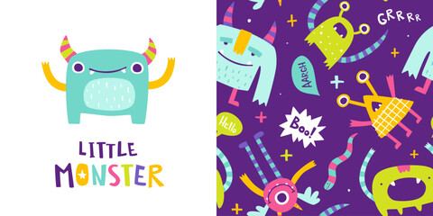 Seamless bright pattern set with weird monsters for baby. Abstract vector print with stylized monsters for kids textile.