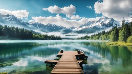 photo of a view of a wooden pier on a lake with a beautiful background of trees and mountains made...
